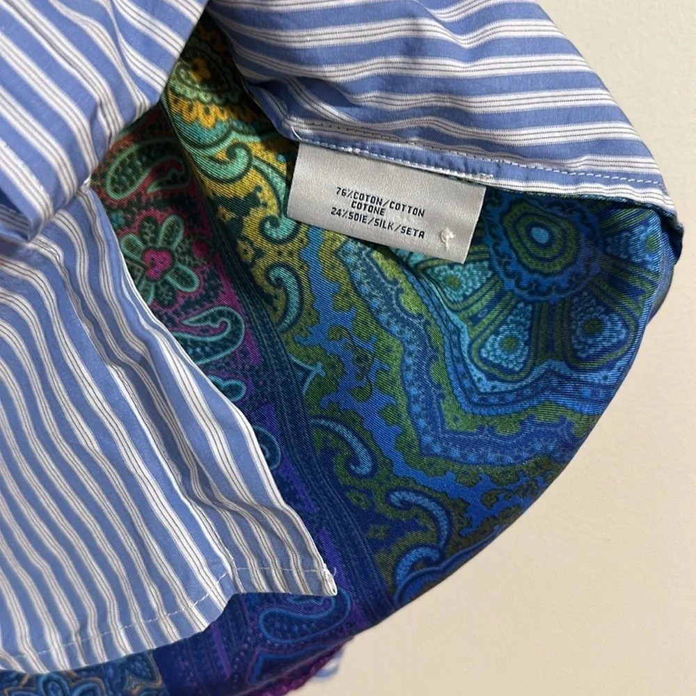 Pierre-Louis Mascia blue stripe cotton silk scarf paisley button down shirt XS
